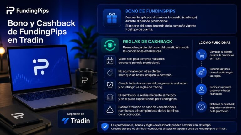 Detalle del bono de FundingPips en Tradin y sus reglas de cashback.