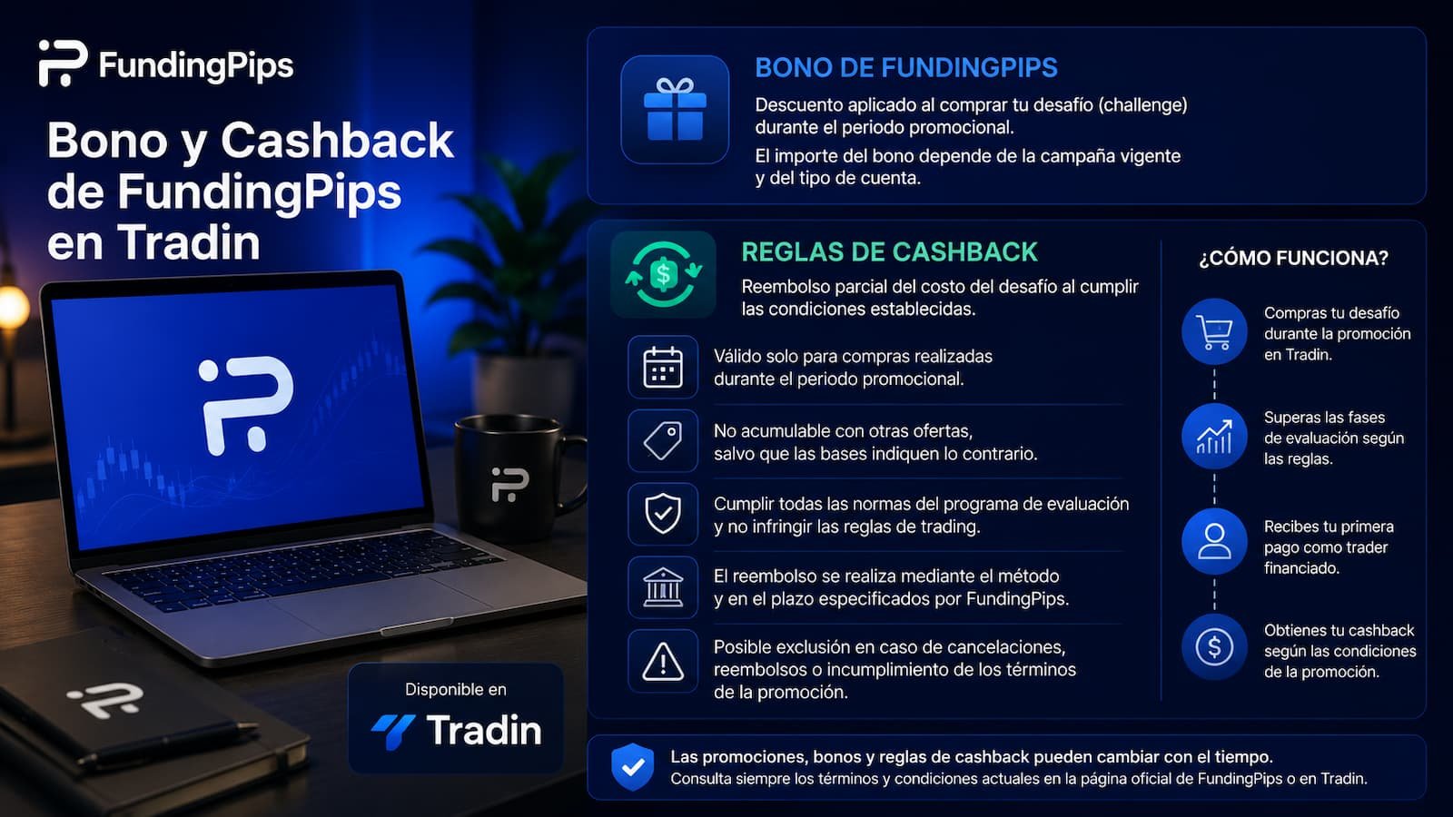 Detalle del bono de FundingPips en Tradin y sus reglas de cashback.