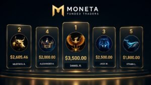 Leaderboard de payouts de Moneta Funded con cinco pagos destacados