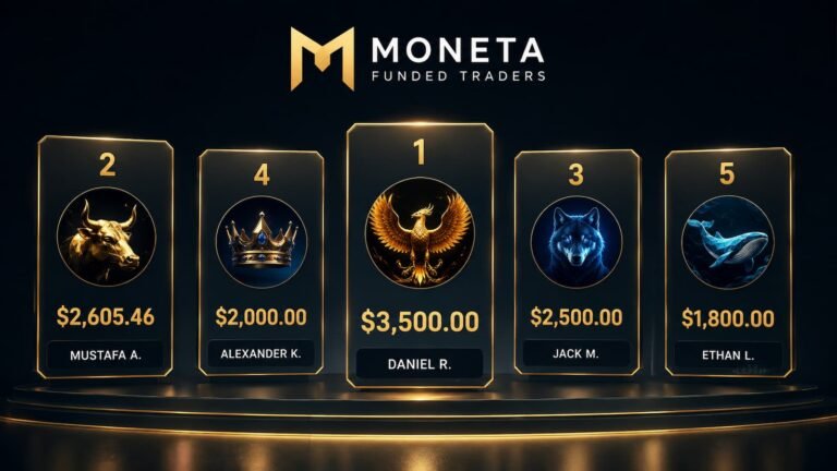 Leaderboard de payouts de Moneta Funded con cinco pagos destacados