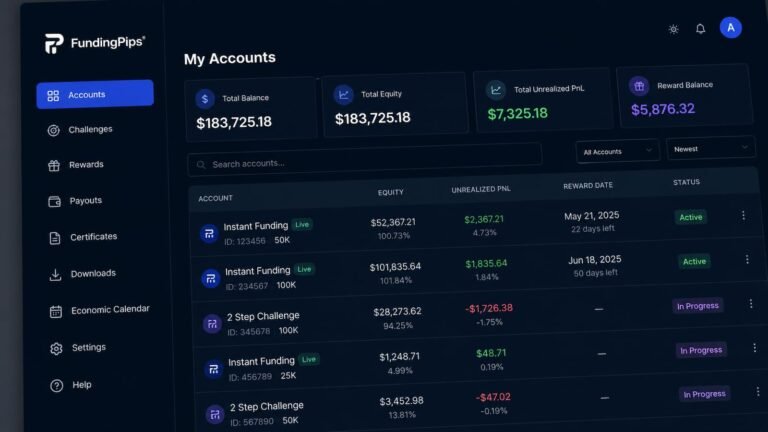 Panel de FundingPips con cuentas métricas y fechas de reward.