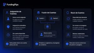Panel de FundingPips con reglas de asignación fusión y reset de cuentas