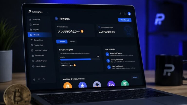 Panel de recompensa cripto en una cuenta fondeada de FundingPips