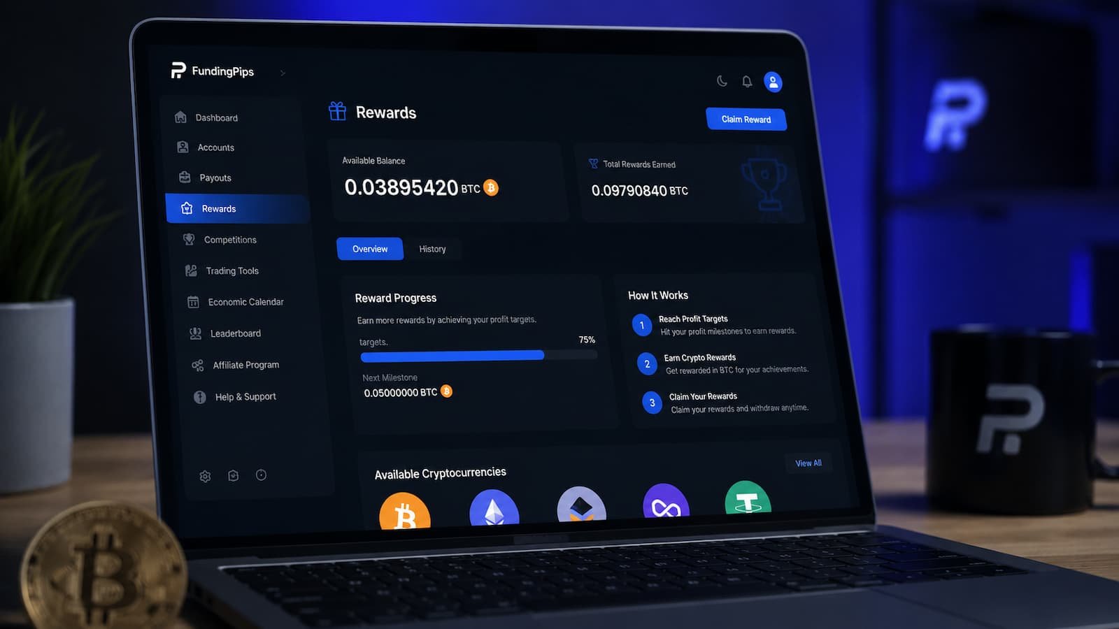 Panel de recompensa cripto en una cuenta fondeada de FundingPips
