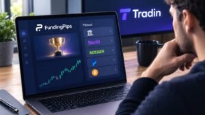 Panel de recompensas de FundingPips con opciones de cobro y Tradin