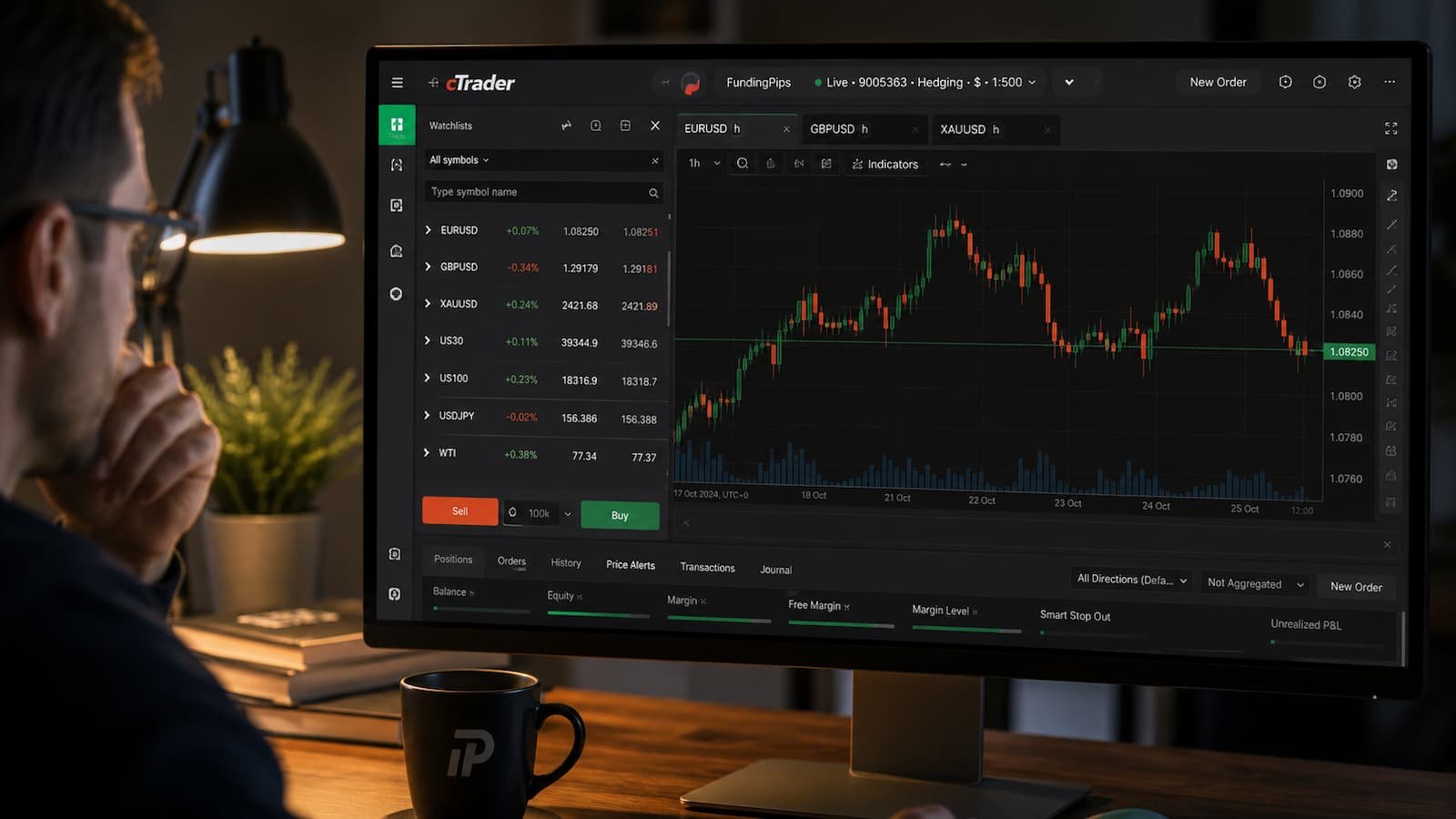 Pantalla de cTrader vinculada a una cuenta de FundingPips