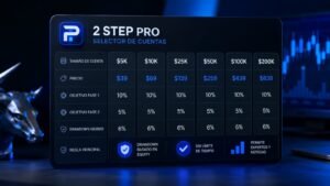 Selector de cuentas 2 Step Pro de FundingPips con tamaños precio y reglas principales.