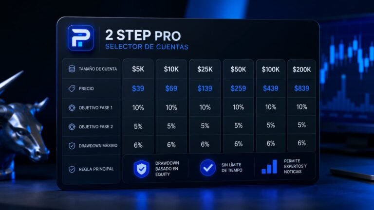 Selector de cuentas 2 Step Pro de FundingPips con tamaños precio y reglas principales.
