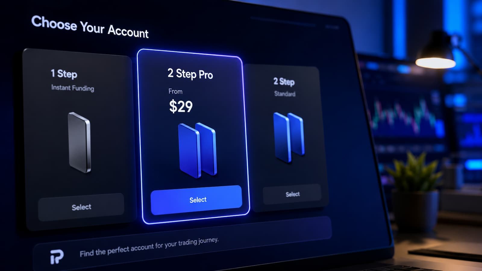 Selector de cuentas de Funding Pips con la opción 2 Step Pro desde 29 $.