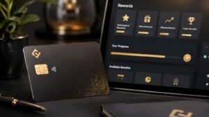 Tarjeta bancaria y panel de rewards en una cuenta de fondeo.