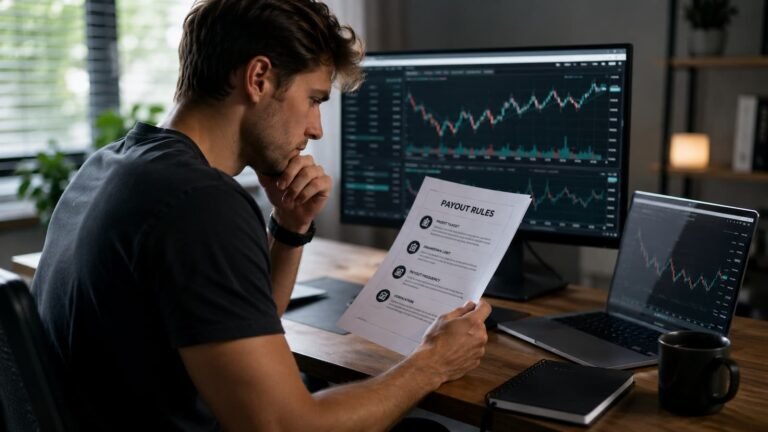 Trader revisa reglas de payouts antes de pasar de simulado a capital real.