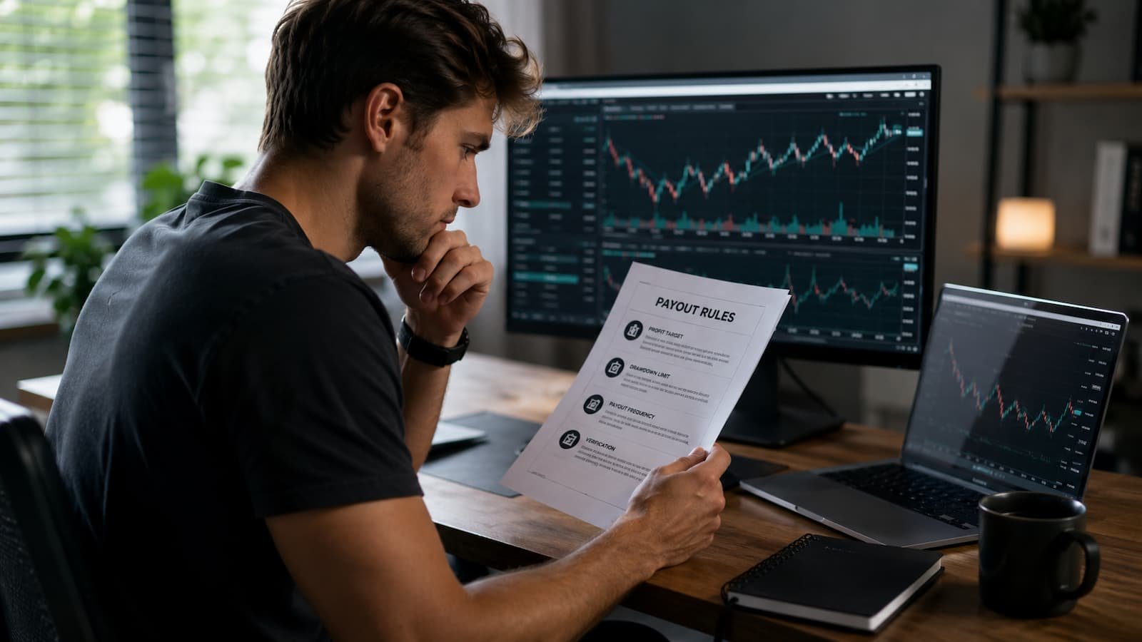 Trader revisa reglas de payouts antes de pasar de simulado a capital real.