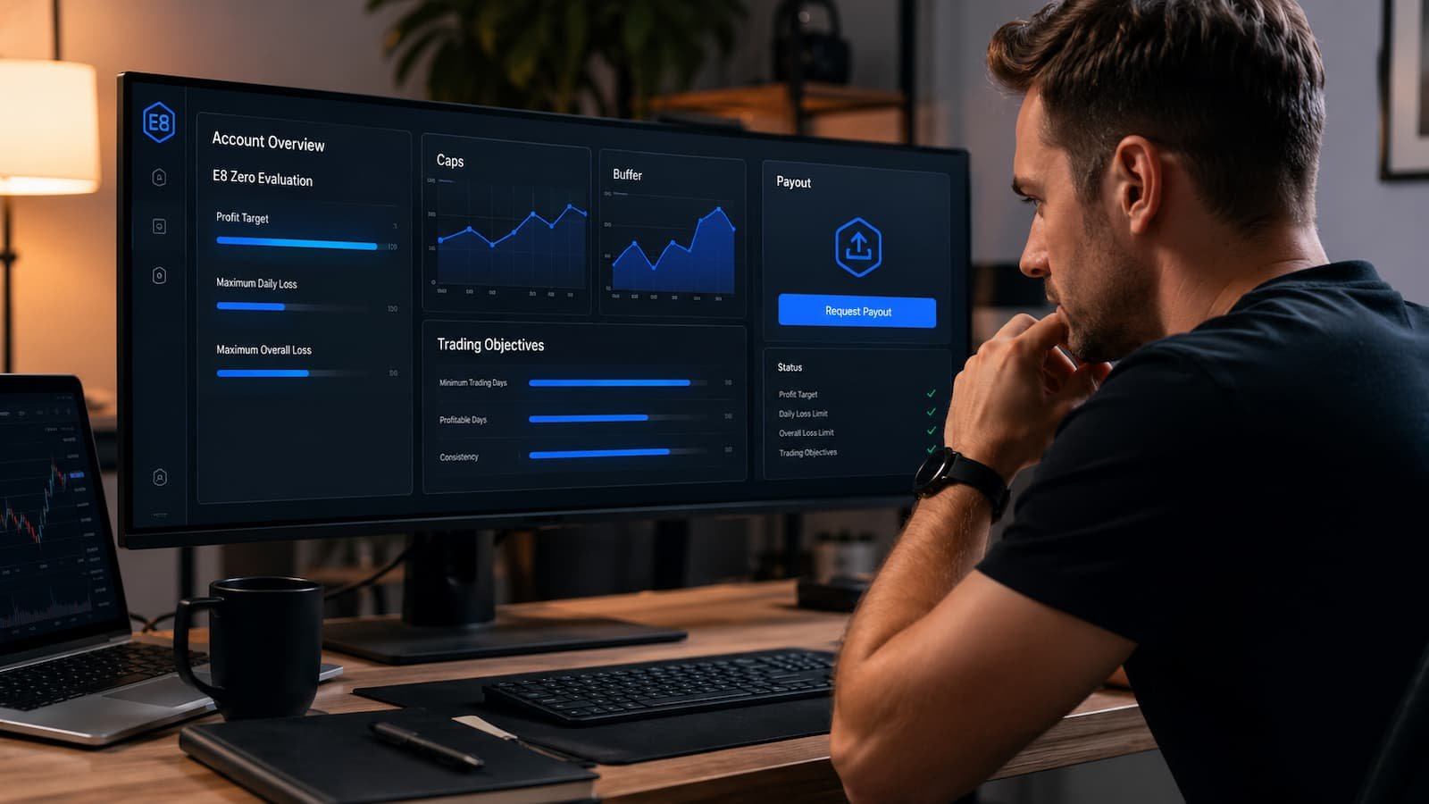 Trader revisando caps y buffer antes de solicitar un payout en E8 Zero