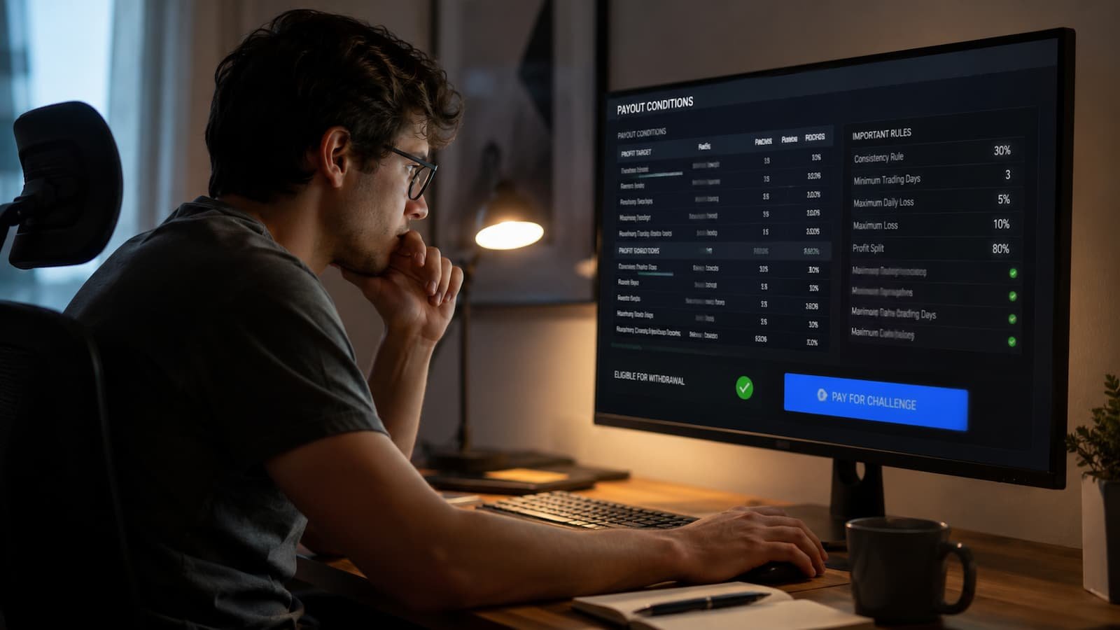 Trader revisando condiciones de payout antes de pagar una prueba de fondeo