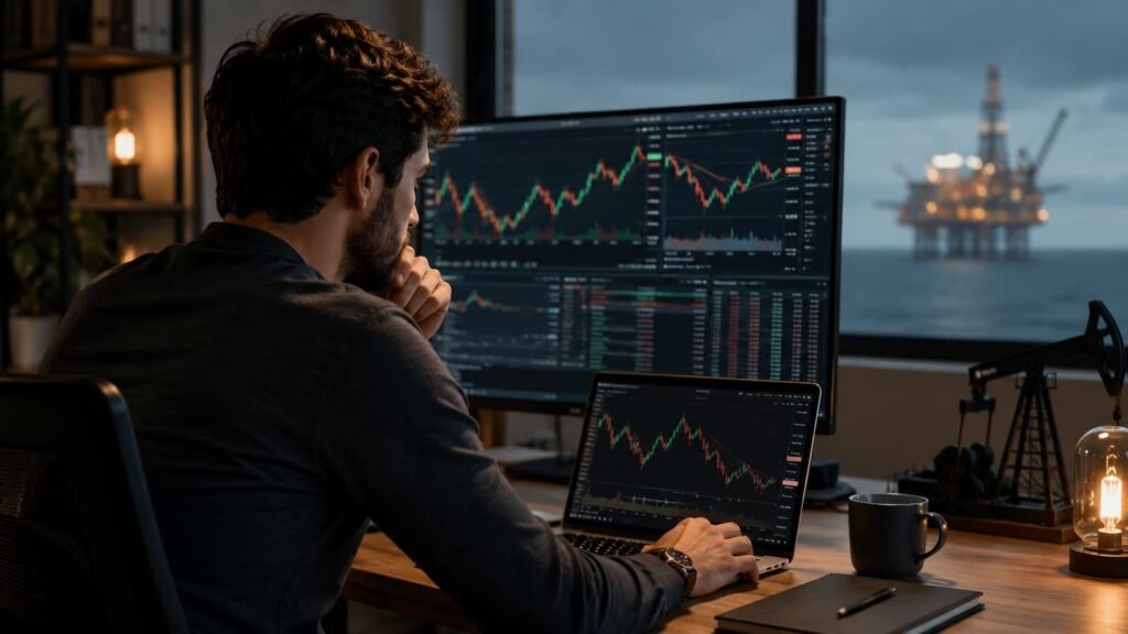 Trader revisando cuentas de fondeo para operar petróleo en julio
