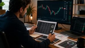 Trader revisando cupones reglas y costes en prop firms de futuros