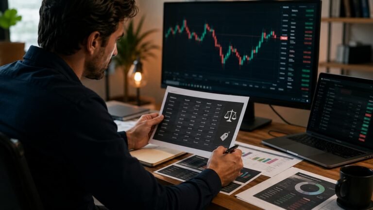Trader revisando cupones reglas y costes en prop firms de futuros