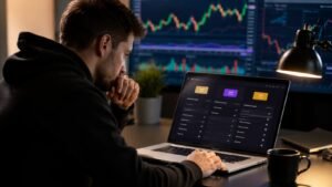 Trader revisando descuentos y reglas antes de pagar una prueba de fondeo de futuros
