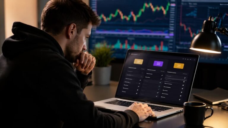 Trader revisando descuentos y reglas antes de pagar una prueba de fondeo de futuros