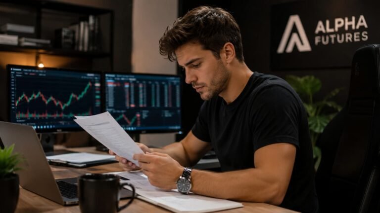 Trader revisando documentación de un payout pendiente en Alpha Futures