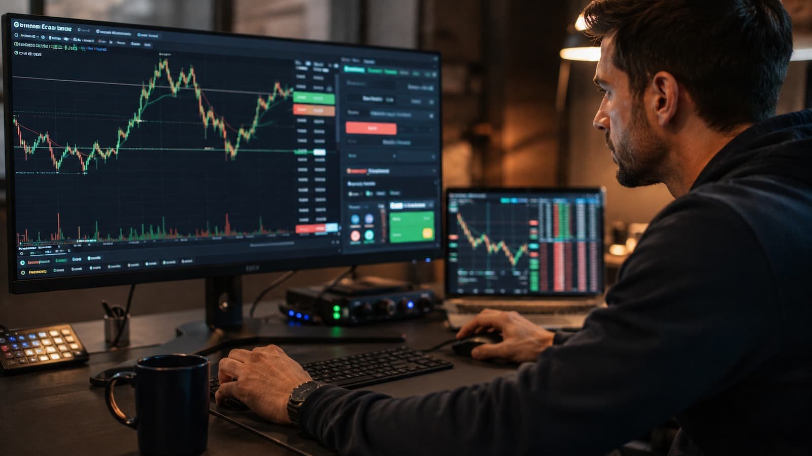Trader revisando ejecución y órdenes bracket en una cuenta funded de futuros.