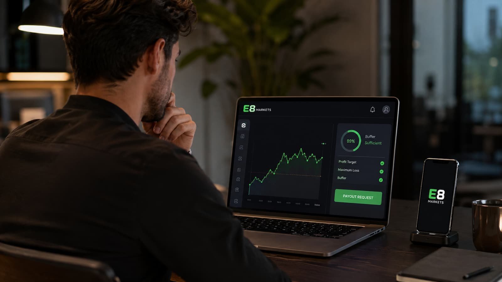Trader revisando el buffer antes de solicitar un payout en E8 Markets