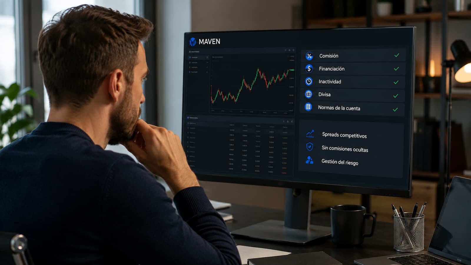 Trader revisando el coste y las reglas de una cuenta Maven