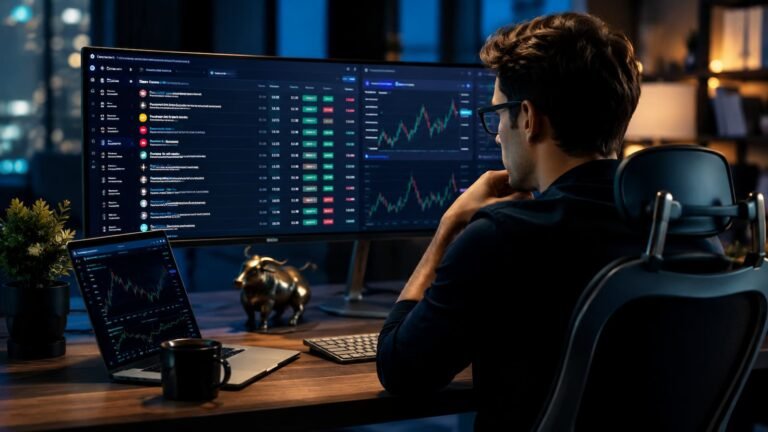 Trader revisando event contracts en una plataforma usada por prop firms
