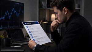 Trader revisando las reglas de la prueba gratuita de Funding Pips