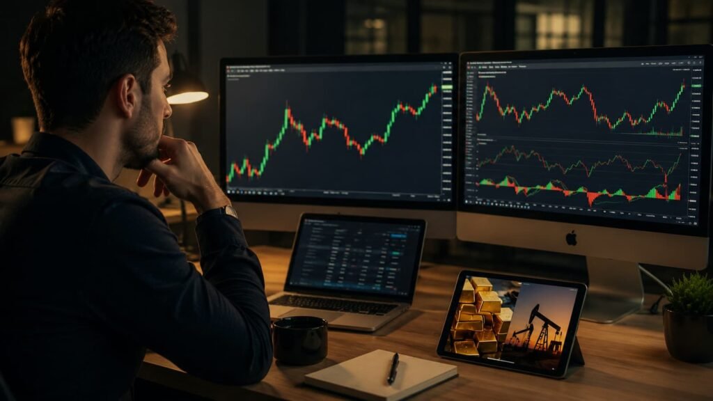Trader revisando oro y petróleo en una cuenta de fondeo