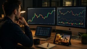 Trader revisando oro y petróleo en una cuenta de fondeo