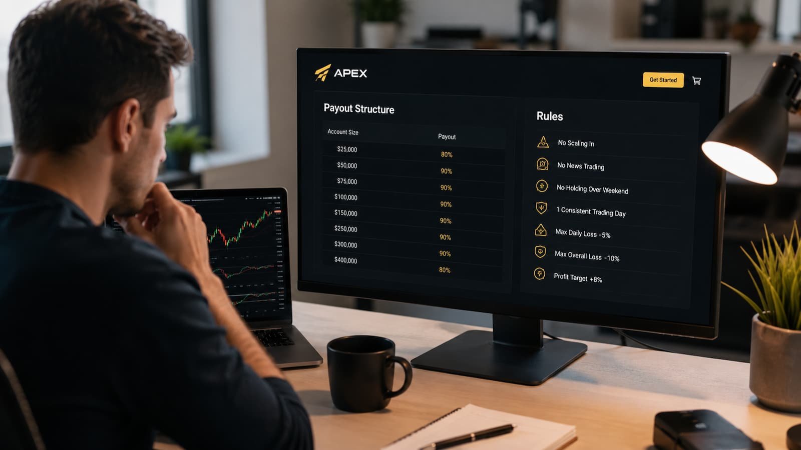 Trader revisando payouts de Apex y reglas antes de comprar una prueba