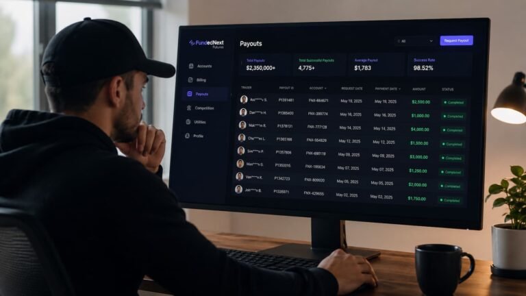 Trader revisando payouts de FundedNext Futures en un tracker