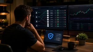 Trader revisando payouts on chain y reglas de BlueGuardian