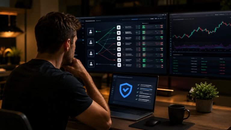 Trader revisando payouts on chain y reglas de BlueGuardian