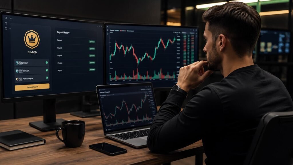 Trader revisando payouts y market data en una cuenta funded