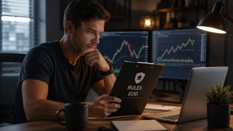 Trader revisando reglas EOD antes de operar una cuenta funded