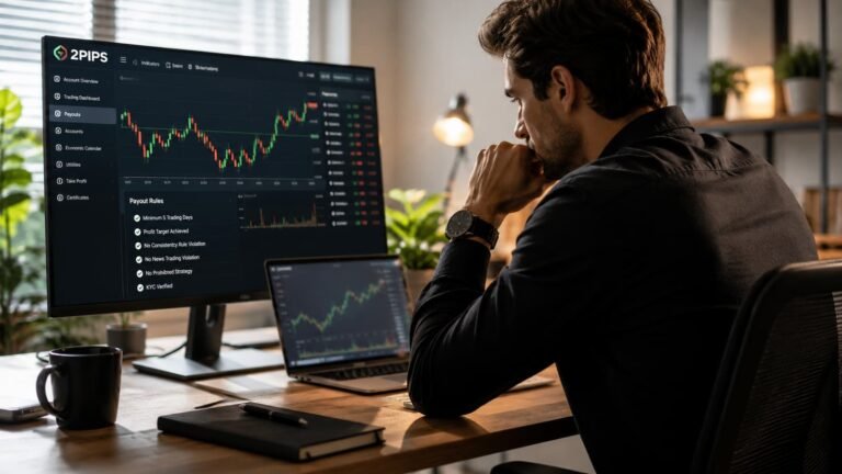 Trader revisando reglas de 2 Pips FX antes de solicitar un payout