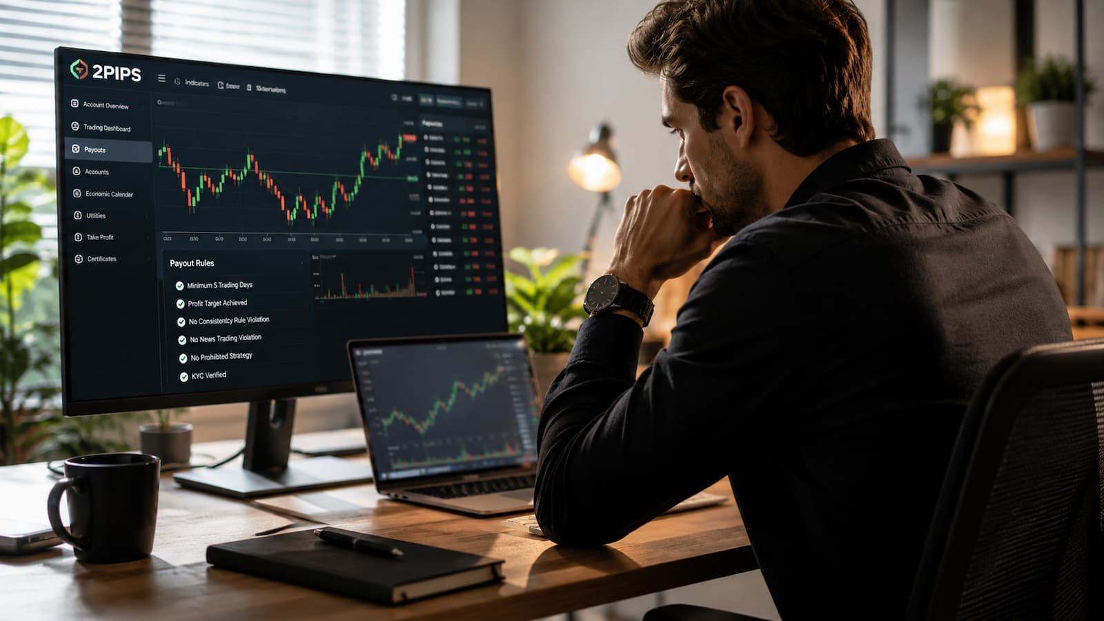 Trader revisando reglas de 2 Pips FX antes de solicitar un payout