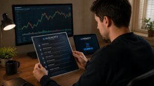 Trader revisando reglas de Audacity Capital antes de pagar una prueba de fondeo.