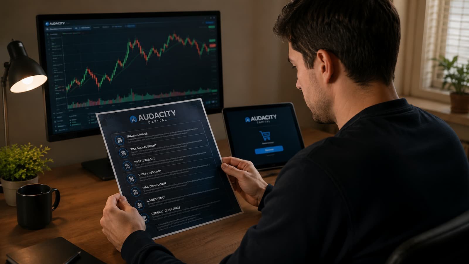 Trader revisando reglas de Audacity Capital antes de pagar una prueba de fondeo.