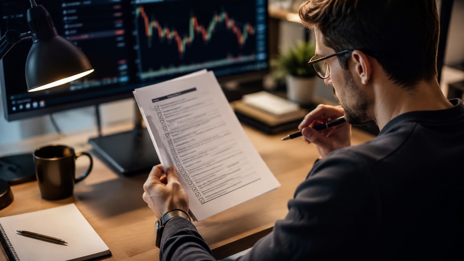 Trader revisando reglas de EAs antes de operar una cuenta de fondeo