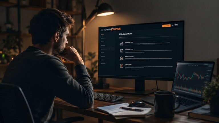 Trader revisando reglas de Earn2Trade antes de retirar fondos