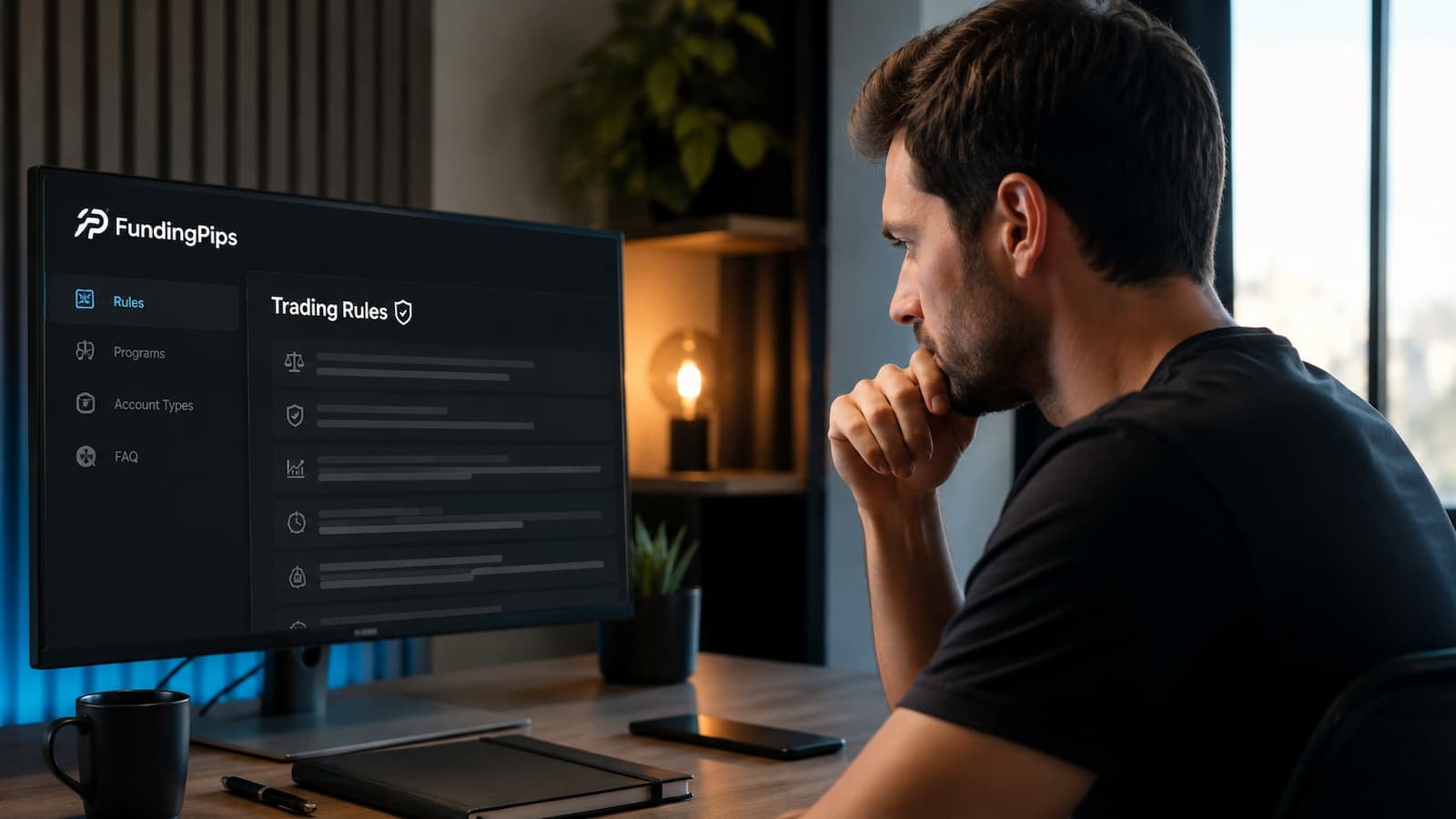 Trader revisando reglas de FundingPips antes de operar una cuenta fondeada