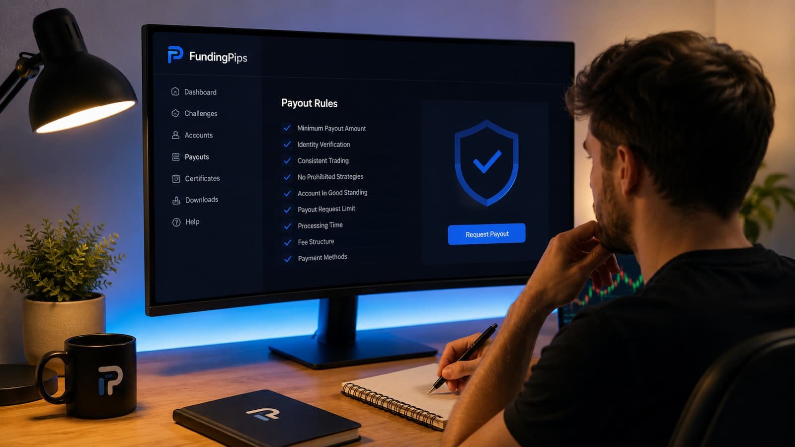Trader revisando reglas de FundingPips antes de pedir un payout
