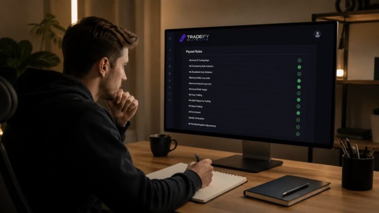 Trader revisando reglas de Tradeify Elite Live antes de pedir un payout