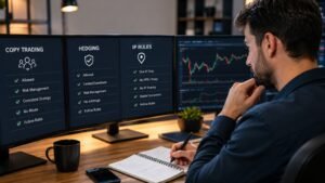 Trader revisando reglas de copy trading hedging e IP en una cuenta fondeada