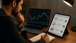 Trader revisando reglas de drawdown y consistencia antes de pagar una evaluación