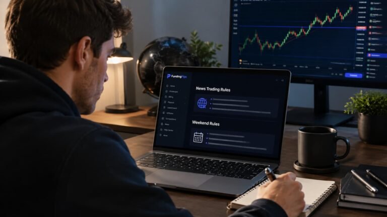 Trader revisando reglas de noticias y fin de semana en FundingPips