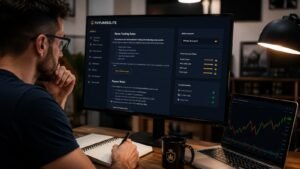 Trader revisando reglas de noticias y payouts en cuentas Prime de FuturesElite